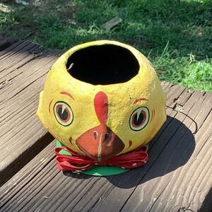 Vintage Chicken Paper Mache Head‎ Vase Yellow Red Easter Spring Decor